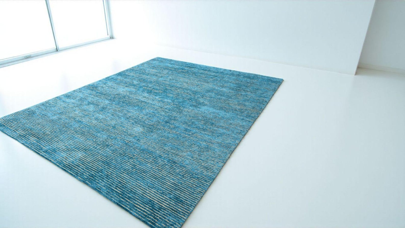 Teal Blue Hand-Knotted Bamboo Silk and Jute Rug