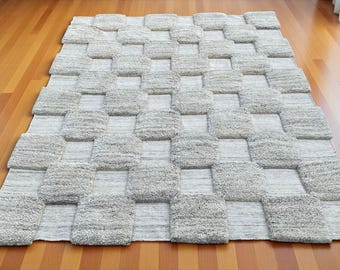 Ivory Checkerboard Hand-Knotted Wool Rug, Raised Moroccan Shag Texture
