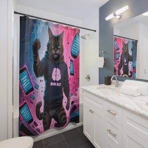 Cool Cat Brain Rot Shower Curtain - Fun Bathroom Decor, Unique Gifts, Cat Lovers, Home Accessories, Trendy Wall Art