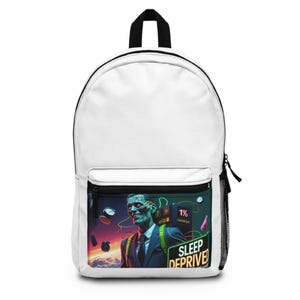 Futuristic Art Backpack, Sleep Deprived Design, Trendy School Bag, Gaming Tote, Stylish Travel Accessory, Ideal Gift for Students