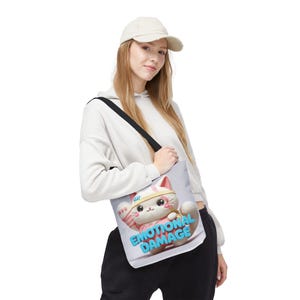 Cute Cat Emotional Damage Tote Bag, Funny Cat Lover Gift, AOP Tote, Pet Owner Tote, Unique Cat Design Bag, Quirky Gift Idea