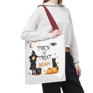 Personalized Kids Halloween Tote Bag: Witch & Pumpkin Design