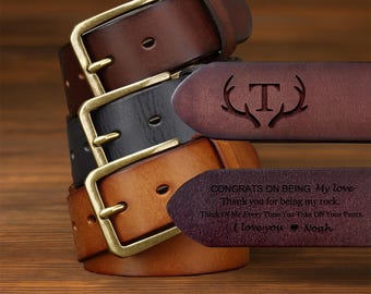 Handcrafted Full Grain Leather Belt: Engraved Vintage Style Men's Belt Anniversary Gift