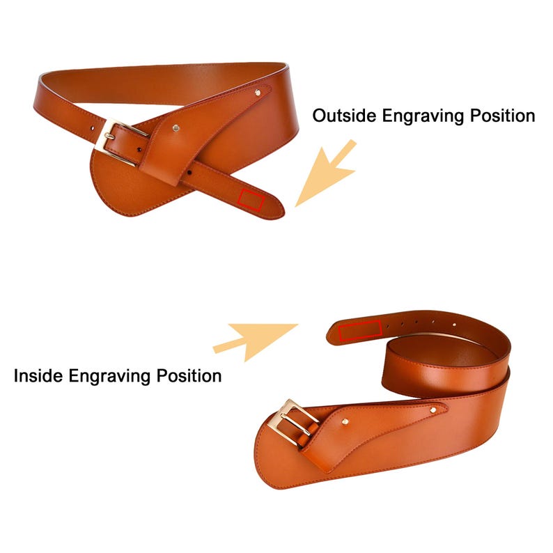 Pu&ograve; includere: Una cintura in pelle marrone con fibbia color oro. La cintura ha un design ampio e curvo e un cinturino pi&ugrave; stretto che si chiude con una fibbia rettangolare. L'immagine mostra le posizioni di incisione esterna e interna.