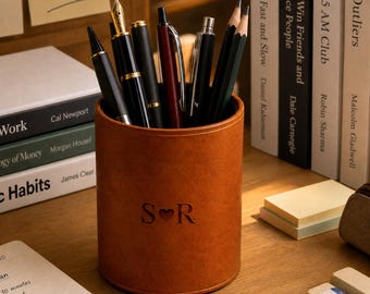 Handmade Genuine Leather Pen Holder, Desk Organizer,  Personalized Leather Pencil Cup, Workshop Accessory Gift for Tool Lovers