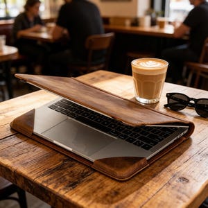 May include: A silver laptop partially enclosed in a brown leather sleeve with reinforced corner accents. Next to the laptop sits a glass of latte with foam art and a pair of black-framed sunglasses on a wooden surface.