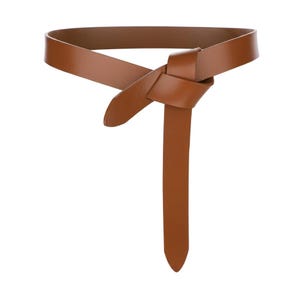 May include: A brown leather belt with a knotted design. The belt is a solid color and has a long, pointed end. The belt is designed to be tied around the waist.