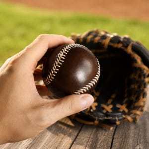 May include: A dark brown leather baseball with prominent white stitching held in front of a black leather baseball glove with tan lacing. The ball has a smooth, polished surface and the glove features a webbed design with visible leather cords.