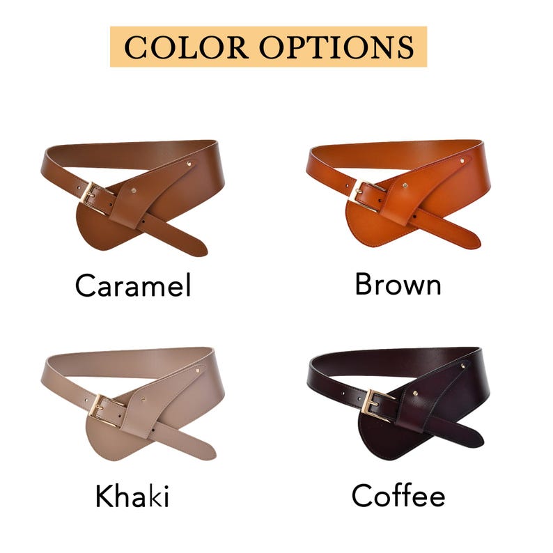Pu&ograve; includere: Immagine che mostra quattro cinture in pelle in vari colori: caramello, marrone, kaki e caff&egrave;. Ogni cintura presenta un design unico con chiusura a fibbia. Il testo "COLOR OPTIONS" &egrave; visualizzato in alto.