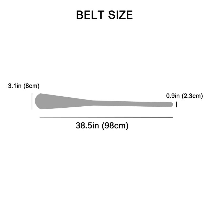 Pu&ograve; includere: Un diagramma che mostra le misure della taglia della cintura. Il testo "BELT SIZE" &egrave; in alto. La cintura &egrave; lunga 98 cm, larga 8 cm nel punto pi&ugrave; largo e 2,3 cm nel punto pi&ugrave; stretto.
