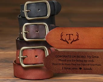 Handcrafted Full Grain Leather Belt: Engraved Vintage Style Men's Belt for Him