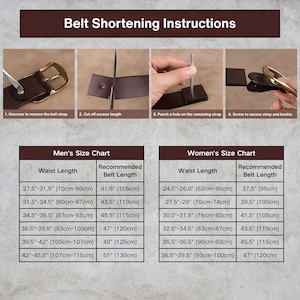 May include: Instructions for shortening a belt, with four steps shown. Includes size charts for men and women, detailing waist and belt length in inches and centimeters. The title reads "Belt Shortening Instructions".