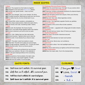 May include: A white background with text in various fonts, including quotes about love, self-love, and life events. The text is organized into categories like "Inside Quotes" and "Closures."