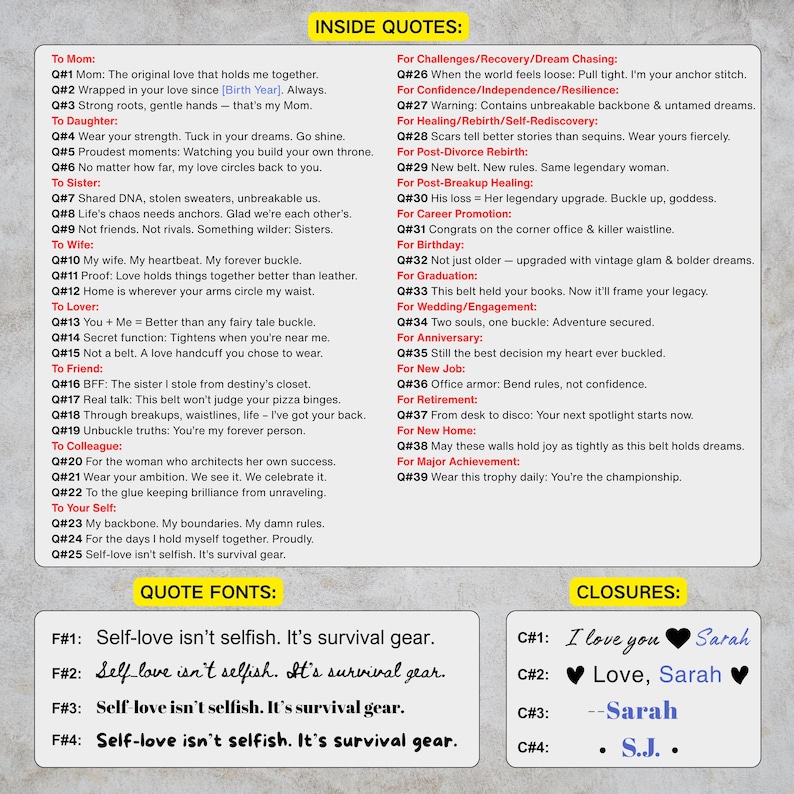 May include: A white background with text in various fonts, including quotes about love, self-love, and life events. The text is organized into categories like "Inside Quotes" and "Closures."