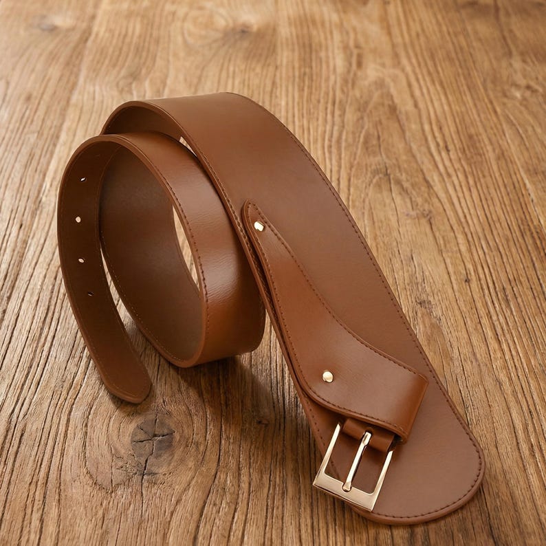 Pu&ograve; includere: Una cintura in pelle marrone con fibbia color oro. La cintura &egrave; larga e ha una consistenza liscia. La fibbia &egrave; rettangolare e ha un design semplice. La cintura &egrave; appoggiata su una superficie di legno.