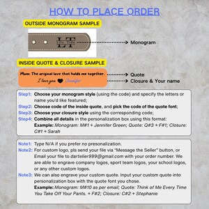 May include: Informational graphic with instructions on how to place an order for a personalized item. Includes examples of monograms, quotes, and closure styles. The text provides steps for customization and contact information.
