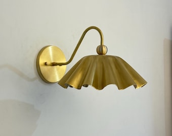 Handmade Brass Wall Sconce, Scalloped Shade Vintage Boho Mid Century Lamp Fixture