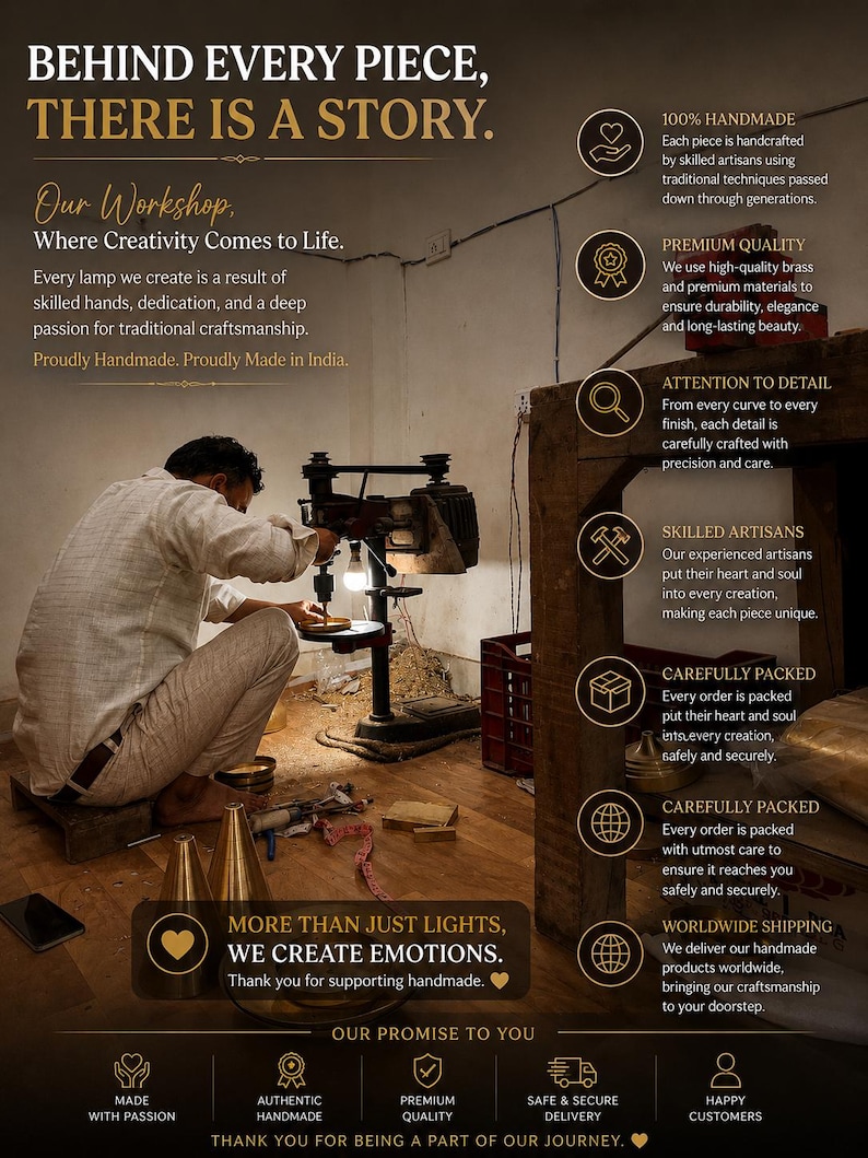 May include: An artisan working on a lamp, with text that reads "Behind Every Piece, There is a Story." The image highlights handmade craftsmanship, premium quality, and attention to detail. The text also says "Proudly Handmade. Proudly Made in India."