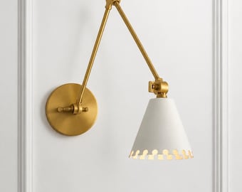 Handmade Solid Brass Swing Arm Wall Sconce | White Cone Wall Lamp | Adjustable Brass Wall Light | Modern Bedside Reading Light