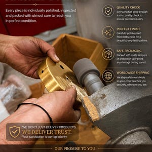 May include: A craftsman's hands working on a gold-colored metal object. The image highlights the handcrafted process, with text emphasizing quality, care, and a perfect finish. The text also mentions safe packaging and worldwide shipping.