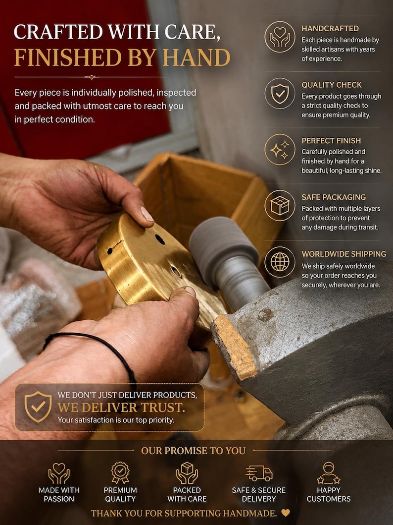 May include: A craftsman's hands working on a gold-colored metal object. The image highlights the handcrafted process, with text emphasizing quality, care, and a perfect finish. The text also mentions safe packaging and worldwide shipping.