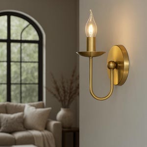 Handmade Brass Candle Wall Sconce | Minimalist Vintage-Inspired Wall Light Fixture | Elegant Curved Arm Lamp for Bedroom, Hallway, Vanity