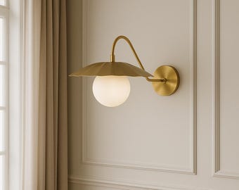 Handmade Brass Floral Wall Sconce - Mid Century Modern Opal Glass Light