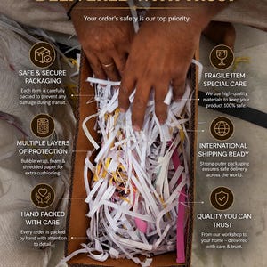 May include: A cardboard box filled with white shredded paper, bubble wrap, and pink packing material. The text on the image reads "PACKED WITH CARE, DELIVERED WITH TRUST" and highlights safe packaging and international shipping.