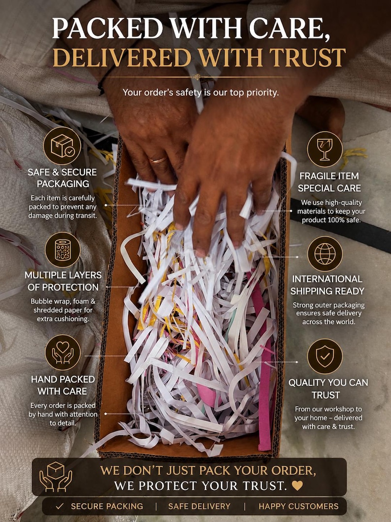 May include: A cardboard box filled with white shredded paper, bubble wrap, and pink packing material. The text on the image reads "PACKED WITH CARE, DELIVERED WITH TRUST" and highlights safe packaging and international shipping.