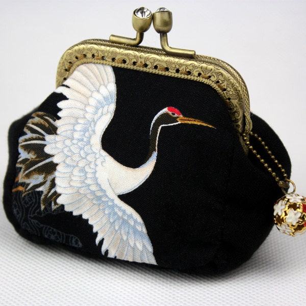 Coin Purse - Chrysanthemum & Crane - Japanese Cotton Fabric with Vintage Metal Frame in Bronze