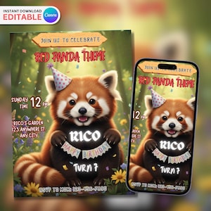 May include: A digital invitation with a red panda theme. The invitation features a cartoon red panda wearing a party hat and holding a banner that says "Happy Birthday." The invitation includes the text "Join us to celebrate" and party details.