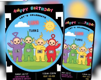 Teletubbies birthday invitation printable, 5x7inch Editable Canva template ( digital download)