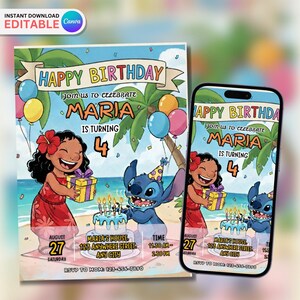 Lilo&Stitch birthday invitation printable, 5x7inch Editable Canva template ( digital download)
