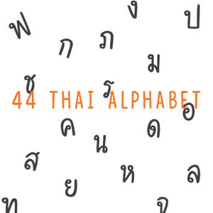 Pode incluir: Fundo branco com caracteres dispersos do alfabeto tailandês em preto. O texto "44 THAI ALPHABET" é laranja. Ideal para materiais educativos ou produtos culturais.