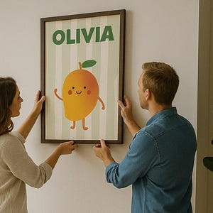 Póster de frutas personalizado con nombre | Decoración de pared para niños y bebés | Regalo de nacimiento y cumpleaños | Impresión | Marco