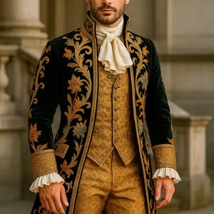 Velvet Gold Embroidered Rococo Men’s Coat | 18th Century Historical Formal Jacket