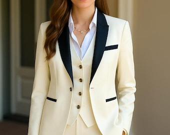 Off White Tuxedo Suit: Women's 3 Piece Wedding Pant Suit