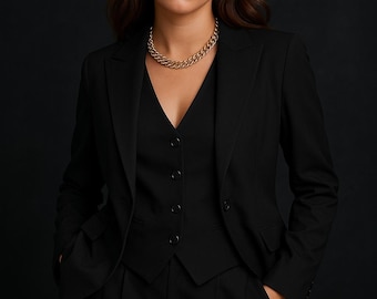 Terno preto feminino feito à mão: Blazer sob medida de 3 peças, colete e calça
