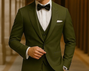 Handmade Olive Green Slim Fit 3-Piece Suit: Wedding Tuxedo