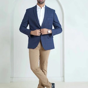 Men’s Navy Blue Checkered Blazer Modern Business & Semi-Formal Outfit Coat