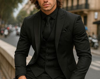 Handmade Slim Fit Black Tuxedo Suit: 3-Piece Wedding Groom Menswear