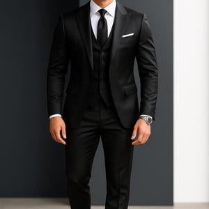 Men&#39;s Handmade Black Slim Fit Suit: 3-Piece Wedding Tuxedo