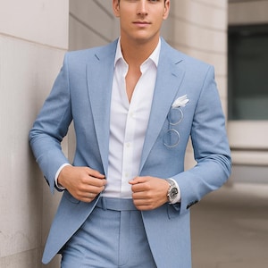 Traje de lino azul cielo para hombre / Traje de lino de 2 piezas hecho a mano / Traje de boda de verano / Traje de lino azul claro / Traje de corte regular para novio