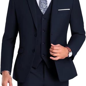 Slim Fit Navy Blue 3-Piece Suit: Paisley Tie Wedding Outfit