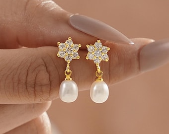 Freshwater Pearl Drop Earrings with Diamond, Dainty Pearl Stud Earrings, Bridal Pearl Jewelry, Wedding Earrings, Bridesmaid Gift for Her
