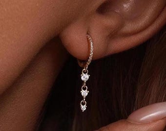 Minimalist Diamond Drop Earrings, Dainty CZ Hoop Earrings, Triple Diamond Dangle Earrings, Wedding Earrings, Bridesmaids Gift,Christmas Gift