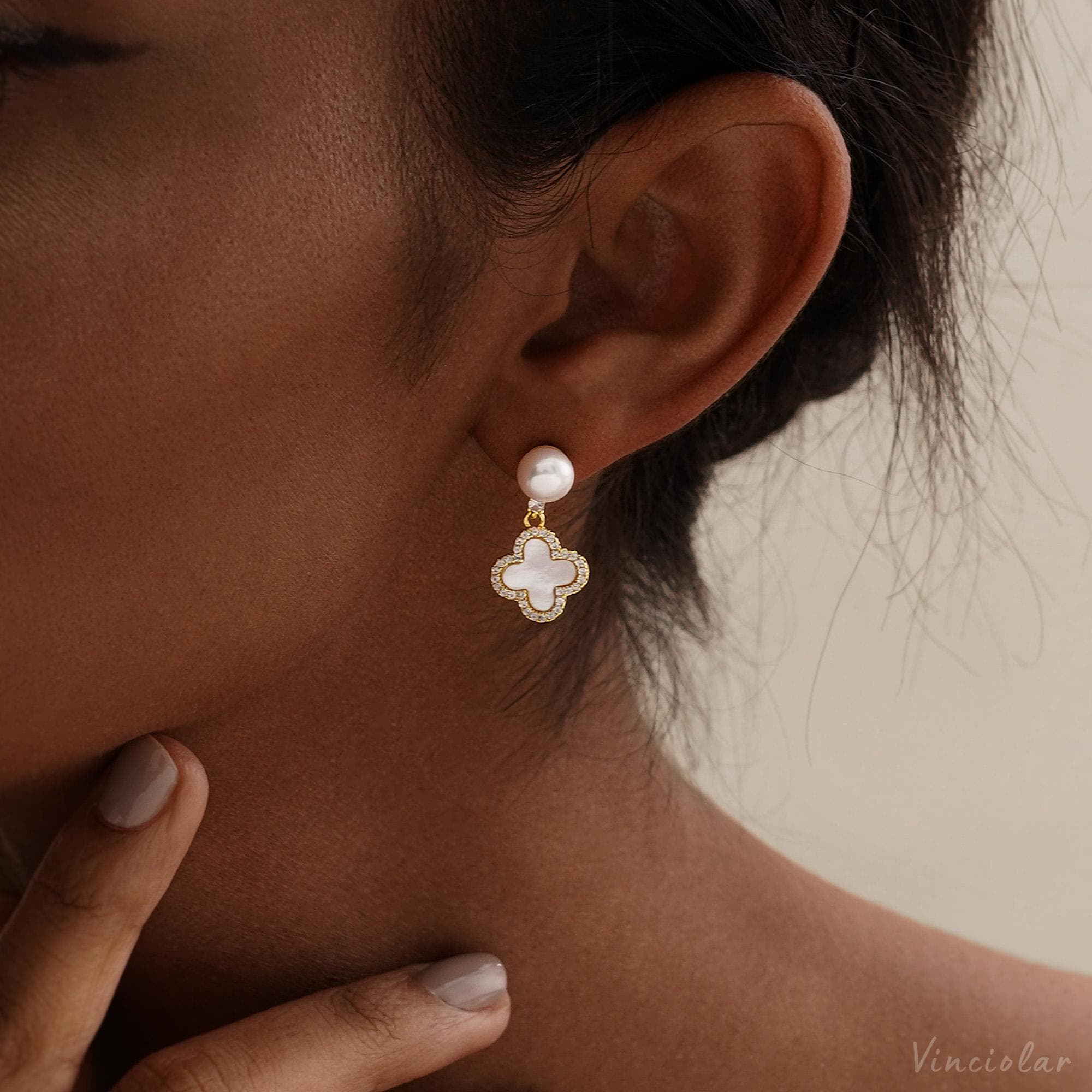 Lucky Clover Earrings With Pearls & CZ - Women's Dangle