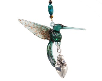 Keepsake Urn Pendant with Glass Hummingbird for Cremation Ashes - Teal