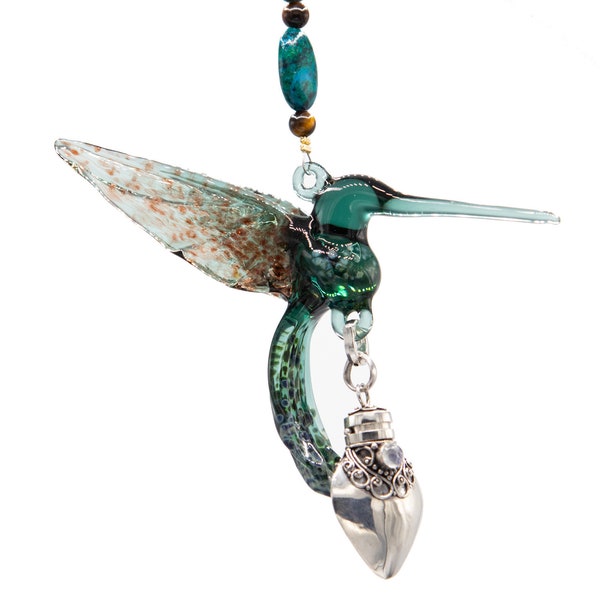 Keepsake Urn Pendant with Glass Hummingbird for Cremation Ashes - Teal