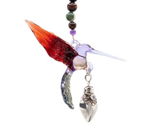 Keepsake Urn Pendant with Glass Hummingbird for Cremation Ashes - Lilac and Red